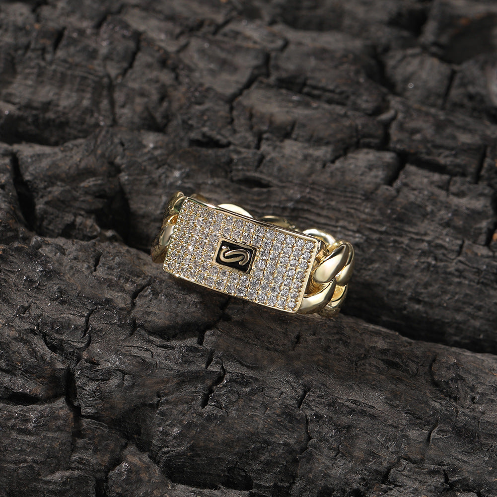 Hip Hop Rapper 5A+ Cz Stone Paved Ice Out Cuban Chain Finger Rings for Men Jewelry Gold Color