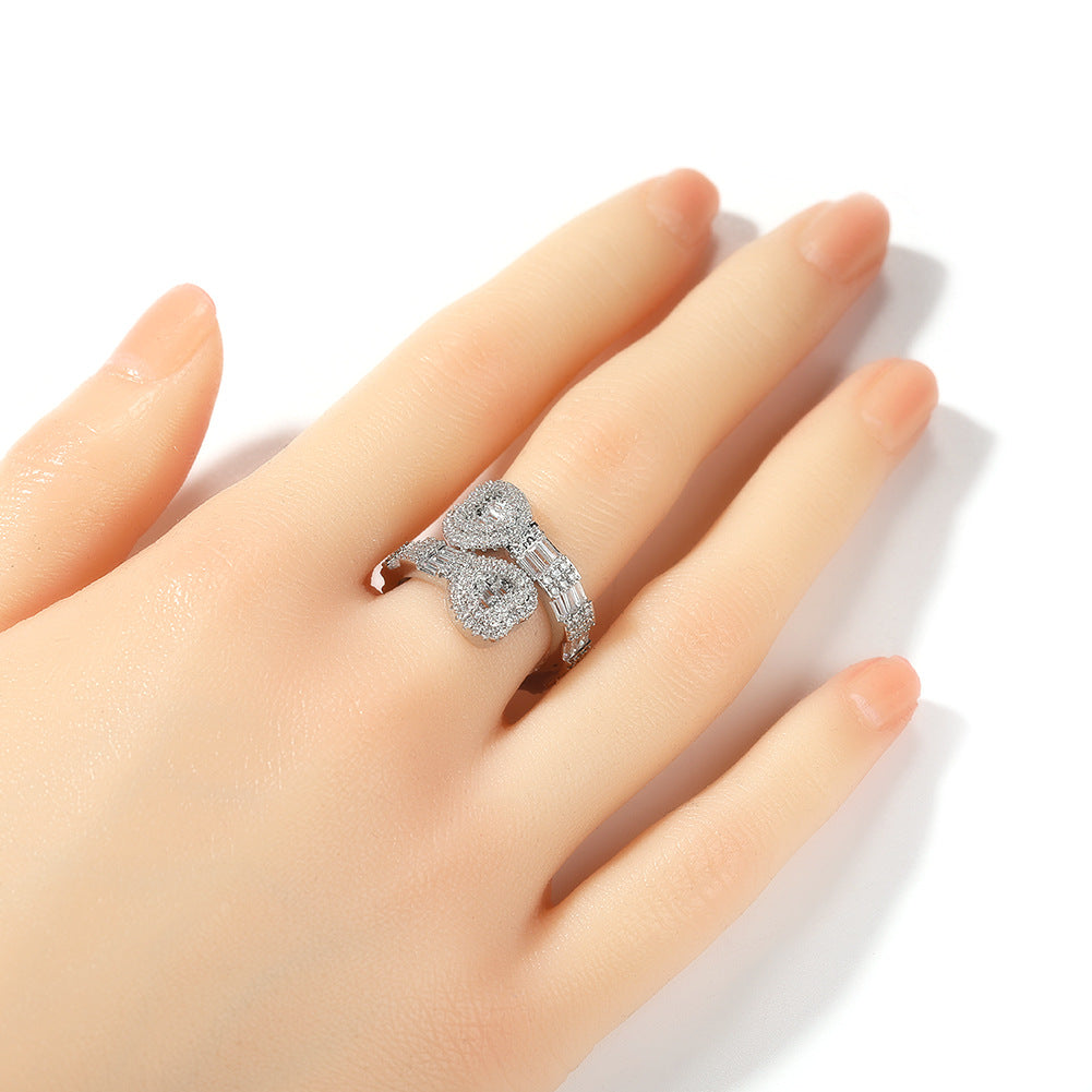 Iced Out Jewelry Baguette Cz Adjustable Heart Ring, All Match Bling Bling Dainty Gold Pinky Ring Party Rose Gold Love Men Women Luxury Jewelry