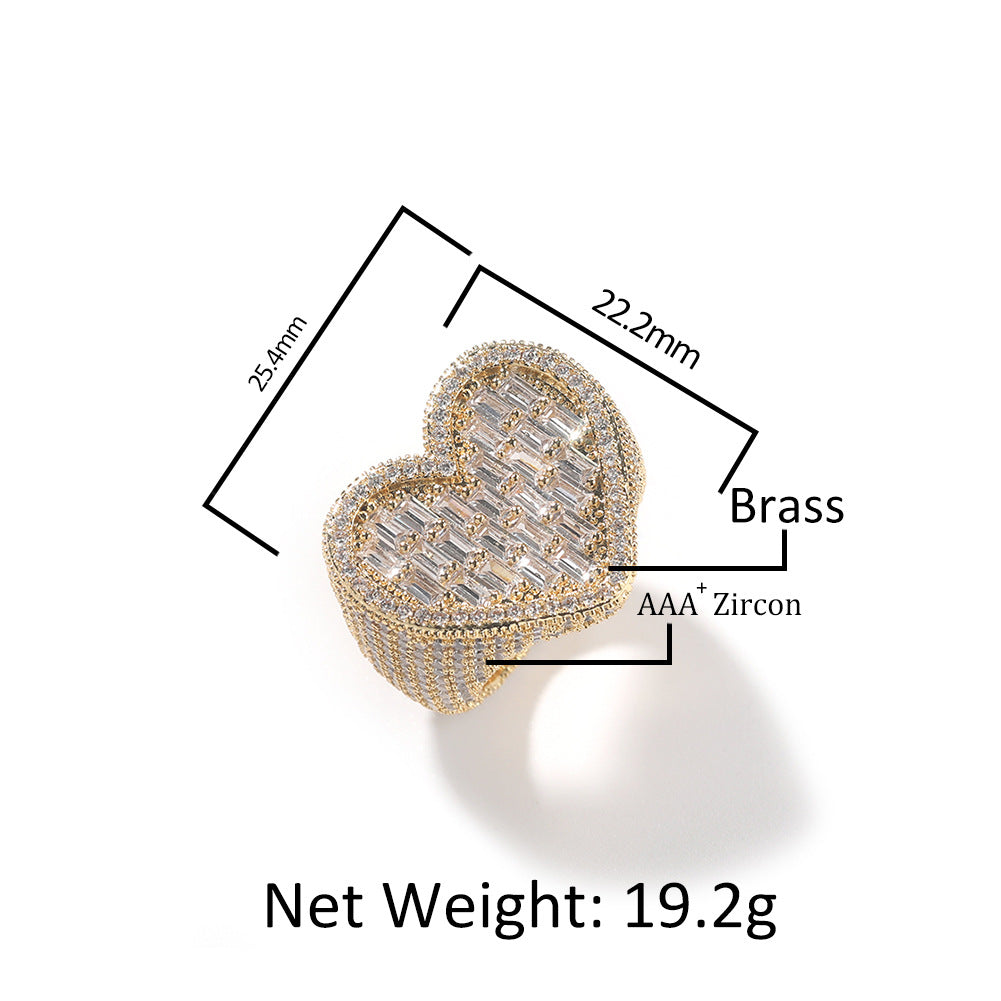 Iced Out Baguette Cz Diamond Heart Ring Jewelry, All Match Bling Bling Dainty Gold Pinky Ring Party Rose Gold Love Women Luxury Jewelry