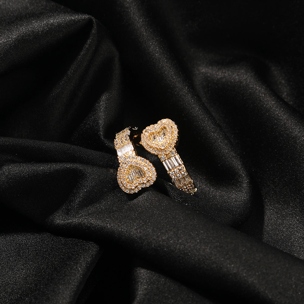 Iced Out Jewelry Baguette Cz Adjustable Heart Ring, All Match Bling Bling Dainty Gold Pinky Ring Party Rose Gold Love Men Women Luxury Jewelry
