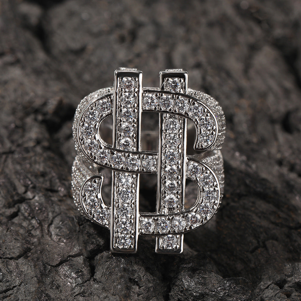 Hip Hop Dollar Sign Ring for Men, Iced Out Cubic Zirconia Ring, Punk Rock Style