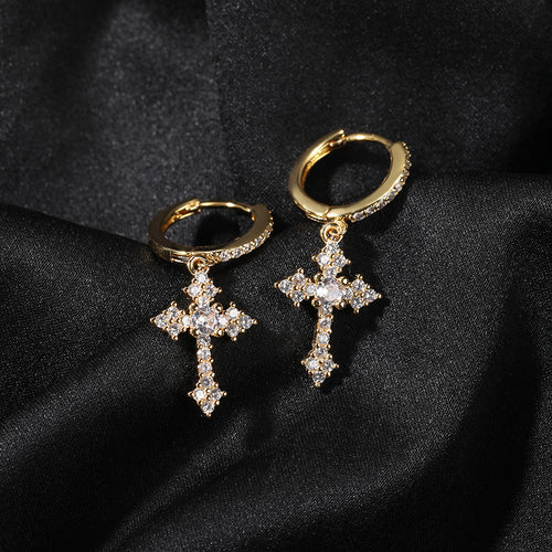 Cross Hoop Dangle Earrings 14K Gold Plated 5A+ Cubic Zirconia Cartilage Hypoallergenic Sterling Silver Cross Dangle Drop Earrings For Men Women