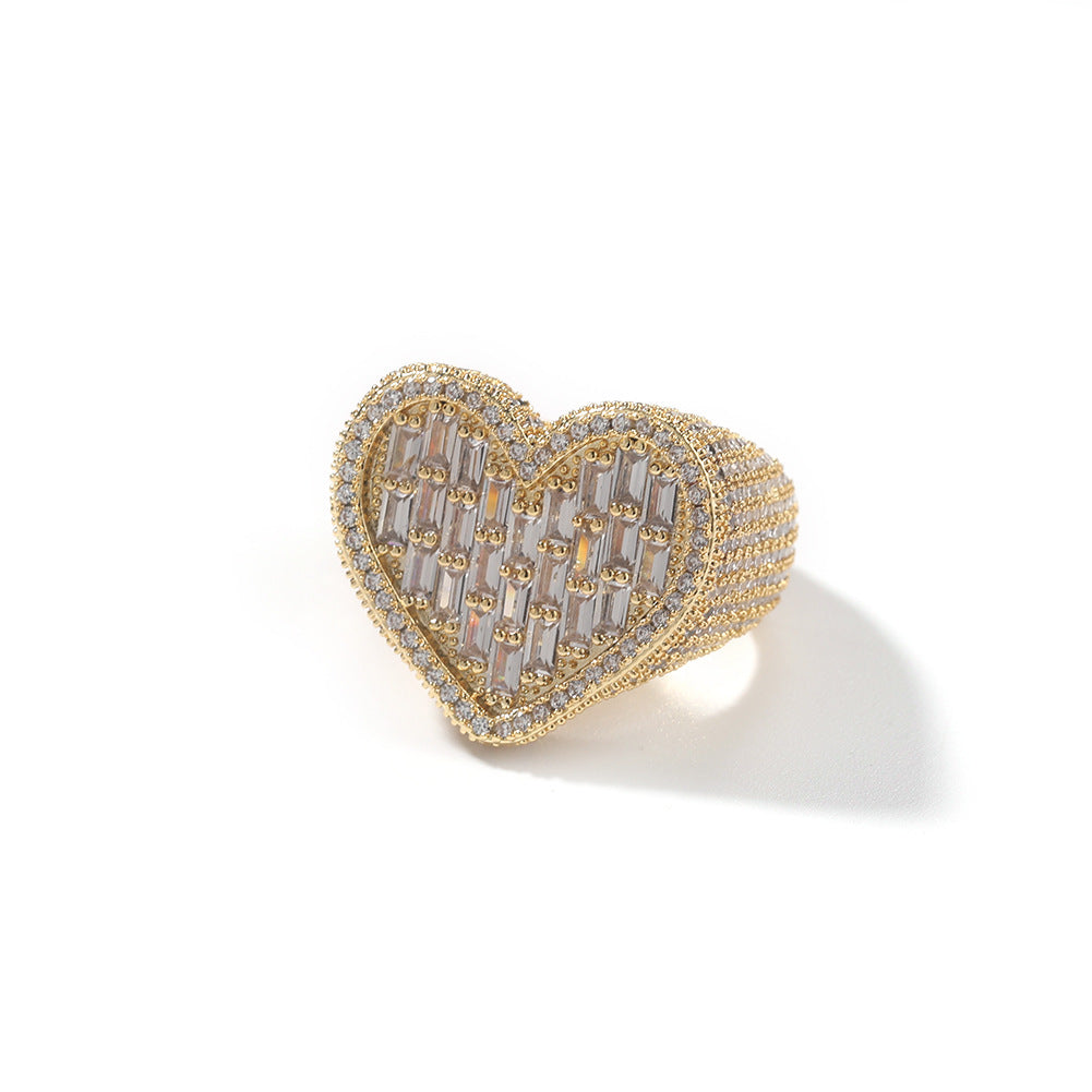 Iced Out Baguette Cz Diamond Heart Ring Jewelry, All Match Bling Bling Dainty Gold Pinky Ring Party Rose Gold Love Women Luxury Jewelry
