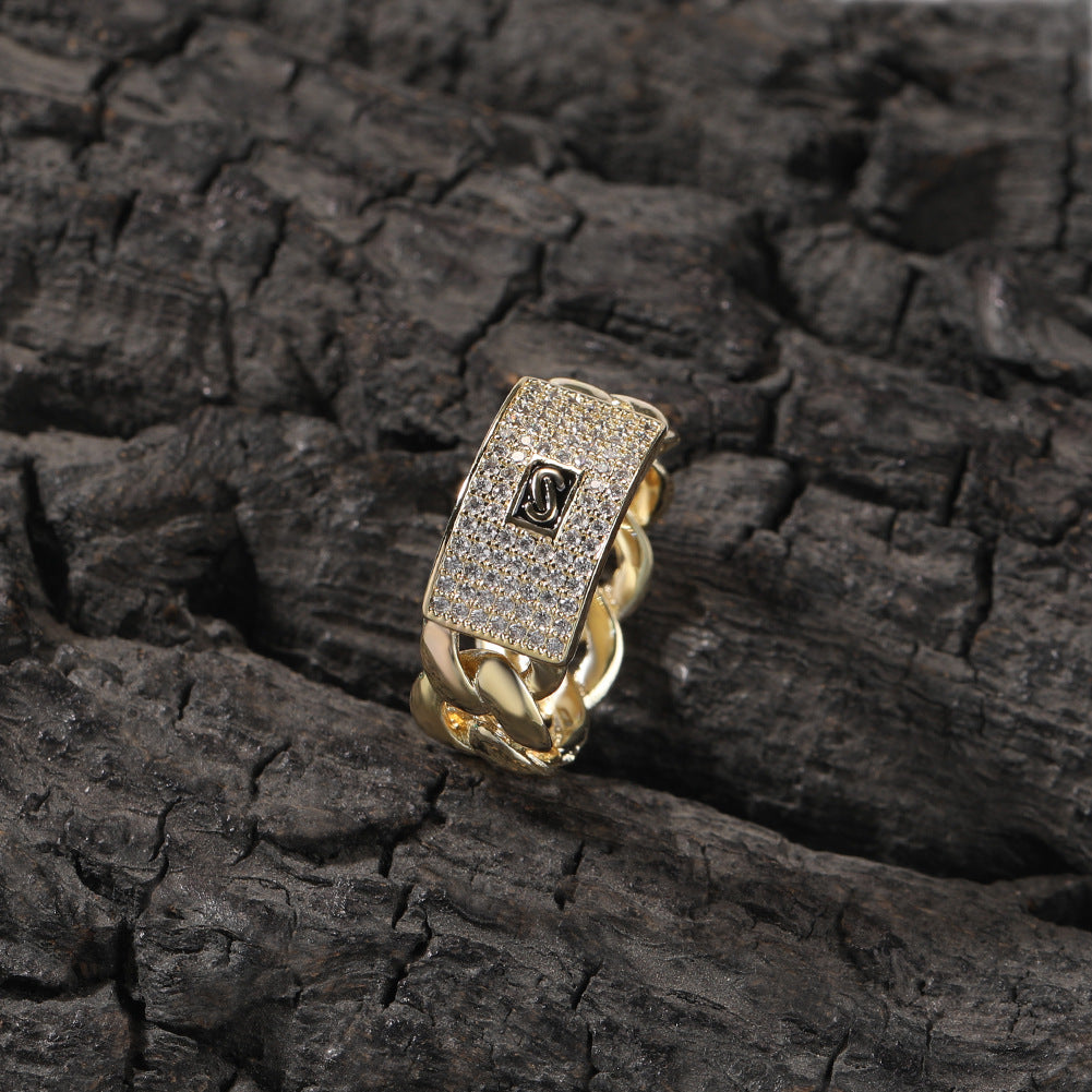 Hip Hop Rapper 5A+ Cz Stone Paved Ice Out Cuban Chain Finger Rings for Men Jewelry Gold Color