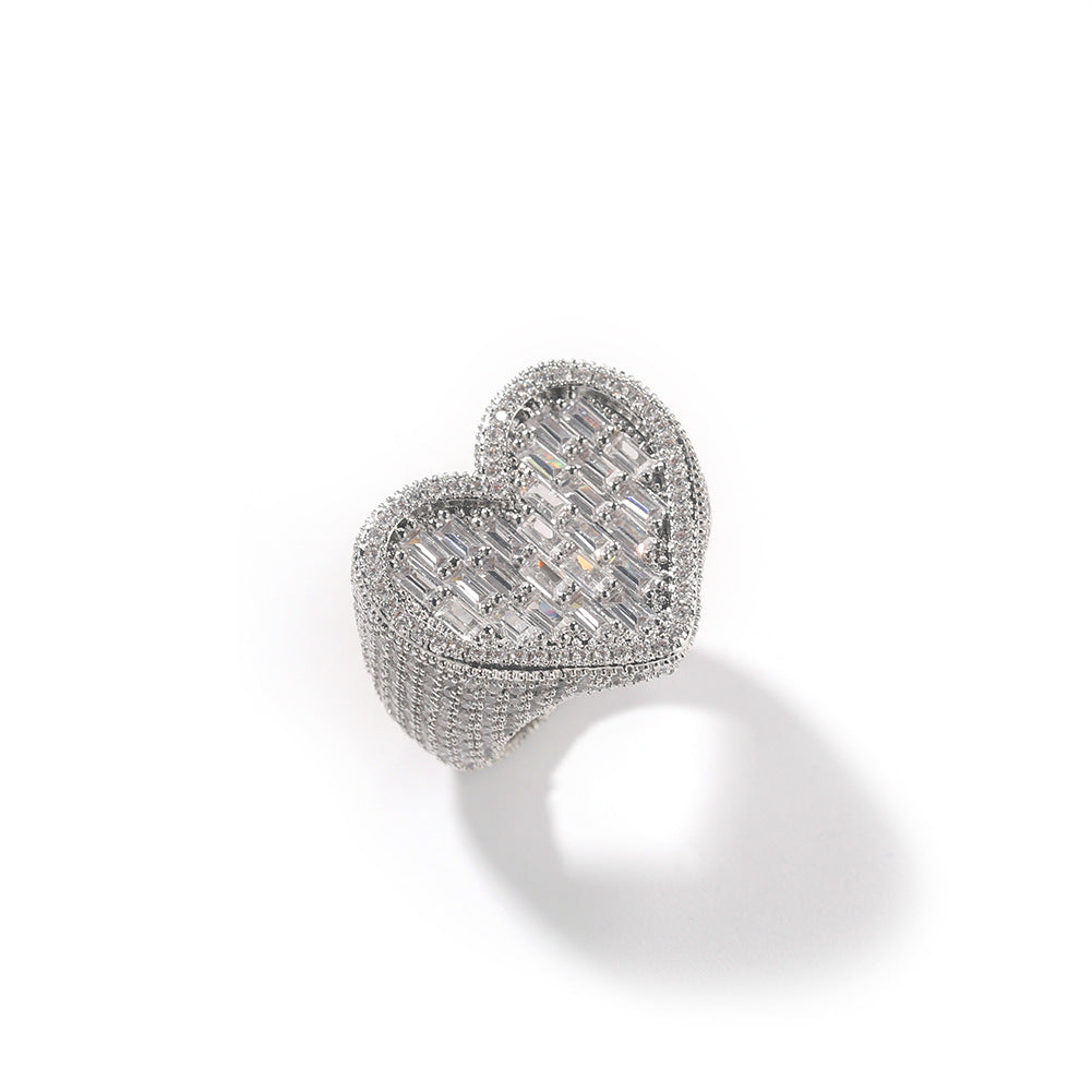 Iced Out Baguette Cz Diamond Heart Ring Jewelry, All Match Bling Bling Dainty Gold Pinky Ring Party Rose Gold Love Women Luxury Jewelry