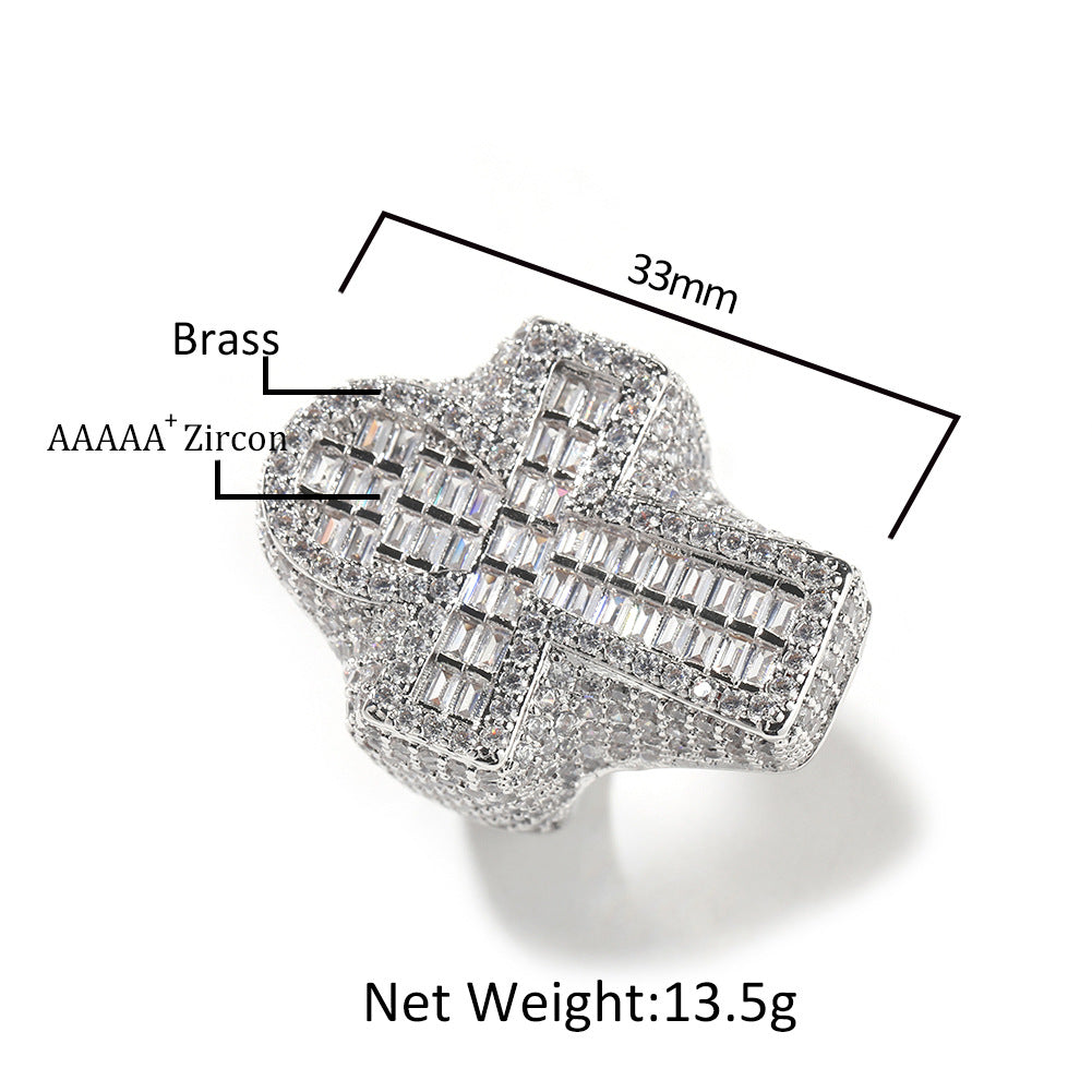 Men's Fully Iced Out 14K Gold Plated Hip Hop Rings, CZ Simulated Diamond Ring for Men, Punky Rapper Style Finger Charm, Baguette Cross Pinky Ring Underground College Event Fashion Jewelry Gift