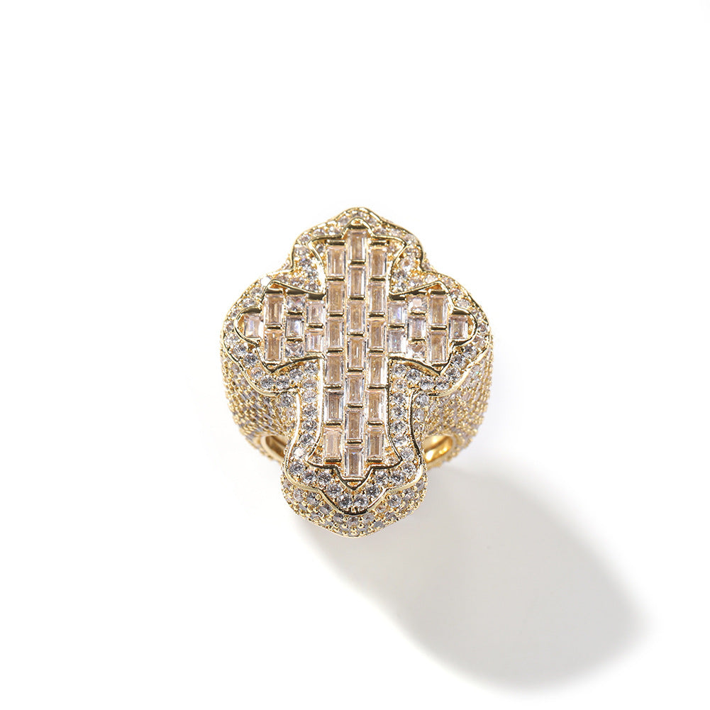Iced Out Diamond Baguette Cross Pinky Ring Cubic Zirconia Punky Hip Hop Rapper Style Band Ring Jewelry Gift for Men Women