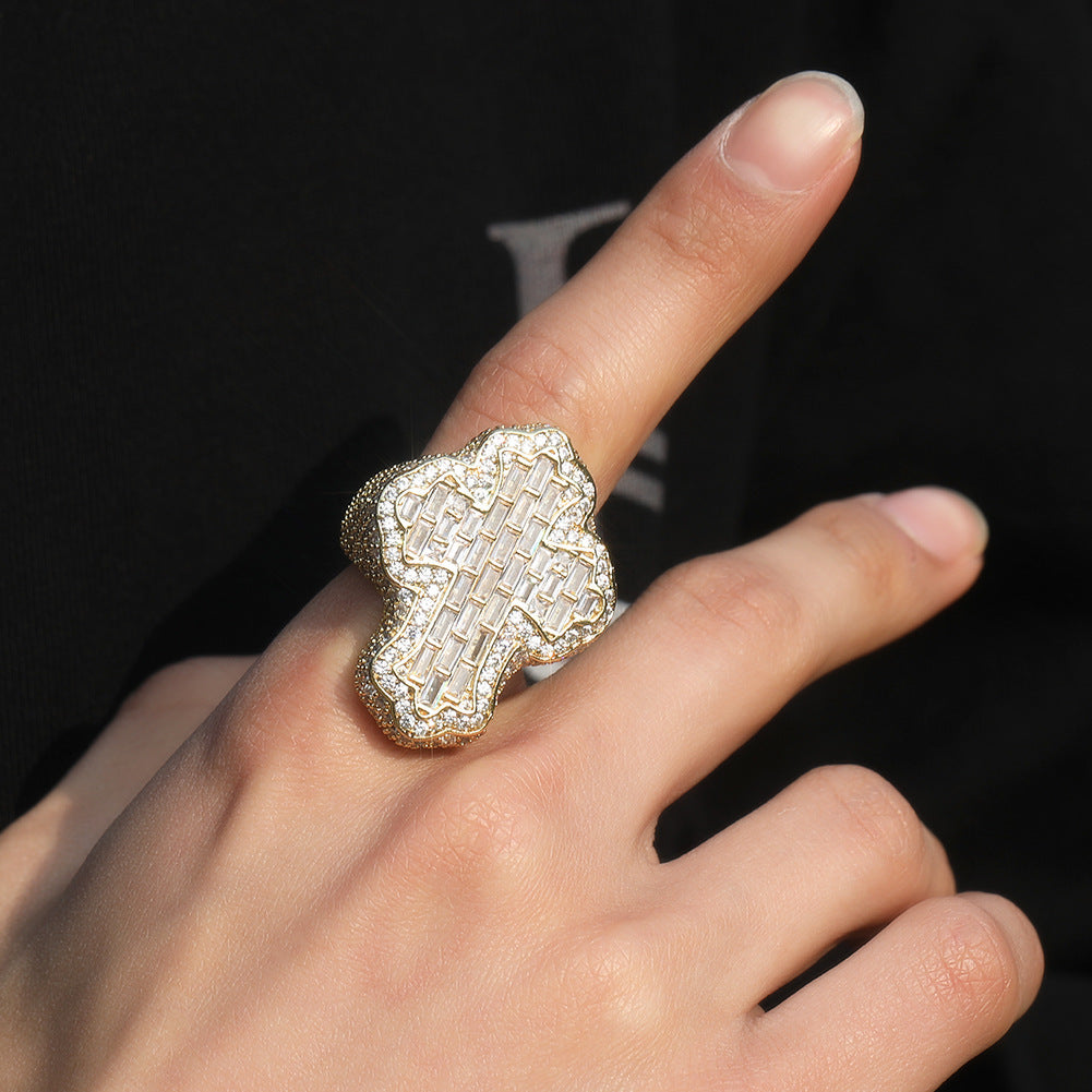 Iced Out Diamond Baguette Cross Pinky Ring Cubic Zirconia Punky Hip Hop Rapper Style Band Ring Jewelry Gift for Men Women