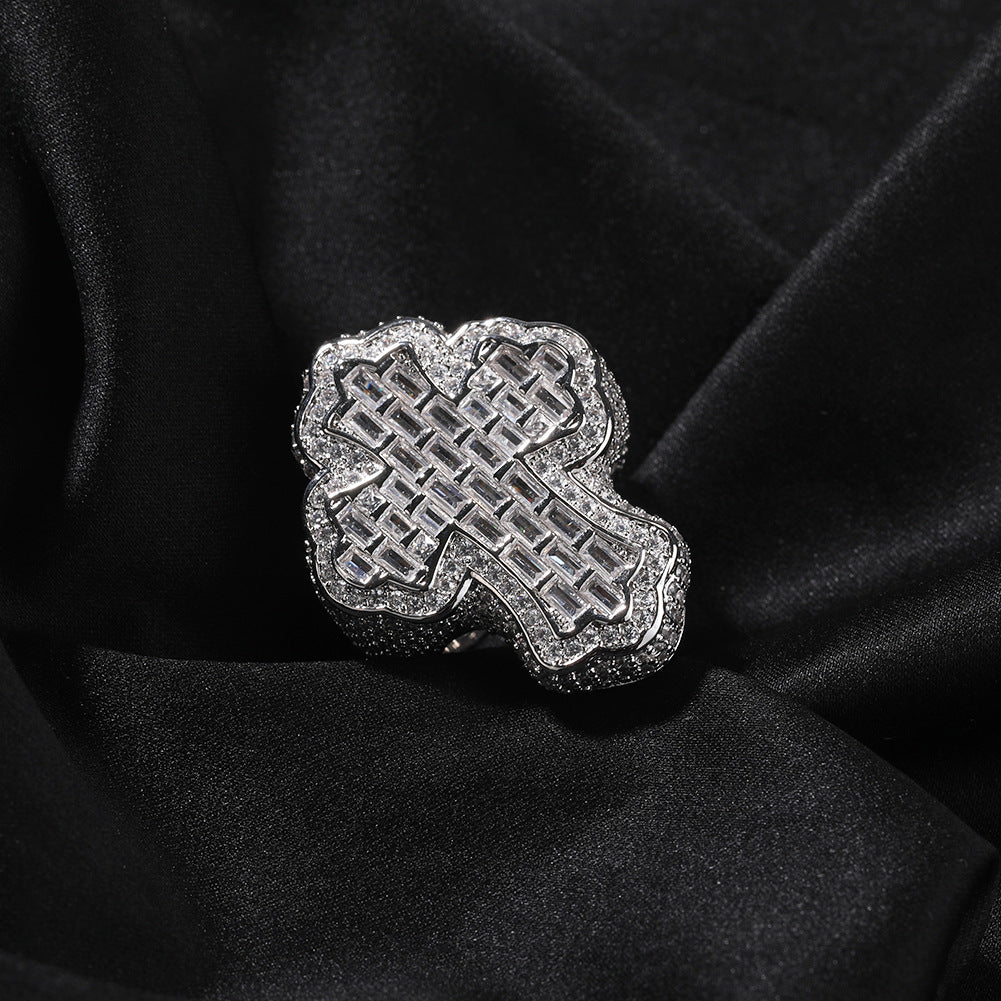 Iced Out Diamond Baguette Cross Pinky Ring Cubic Zirconia Punky Hip Hop Rapper Style Band Ring Jewelry Gift for Men Women