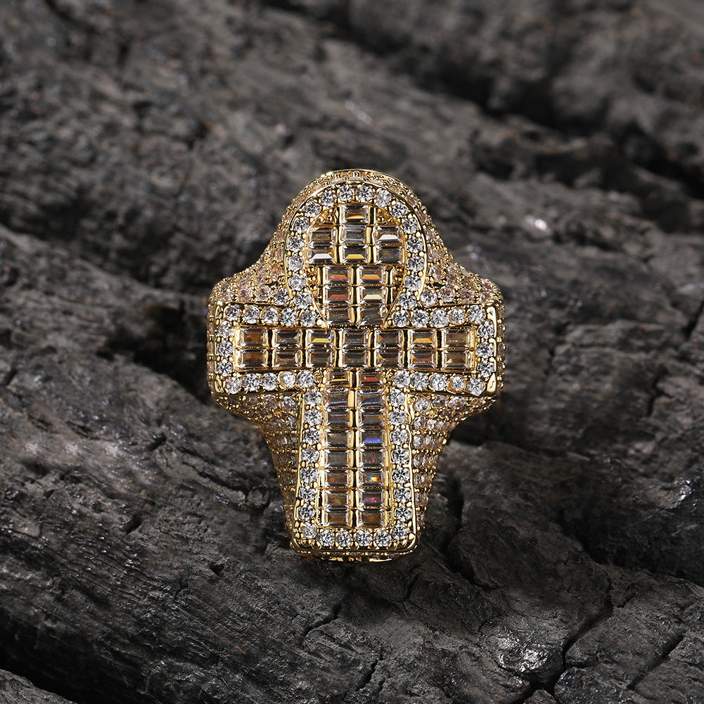 Men's Fully Iced Out 14K Gold Plated Hip Hop Rings, CZ Simulated Diamond Ring for Men, Punky Rapper Style Finger Charm, Baguette Cross Pinky Ring Underground College Event Fashion Jewelry Gift