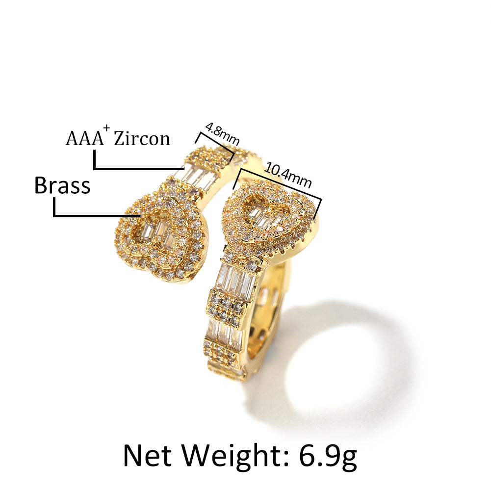 Iced Out Jewelry Baguette Cz Adjustable Heart Ring, All Match Bling Bling Dainty Gold Pinky Ring Party Rose Gold Love Men Women Luxury Jewelry