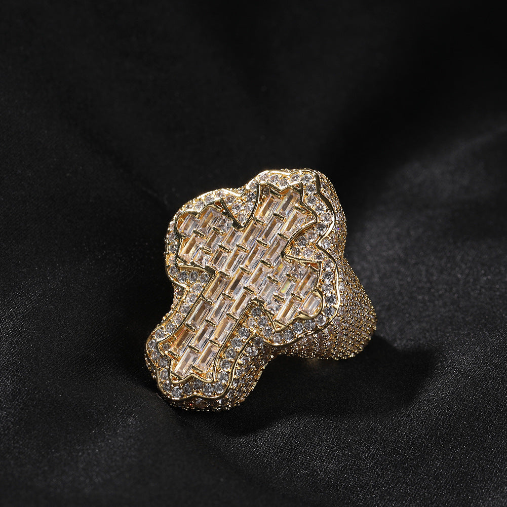 Iced Out Diamond Baguette Cross Pinky Ring Cubic Zirconia Punky Hip Hop Rapper Style Band Ring Jewelry Gift for Men Women