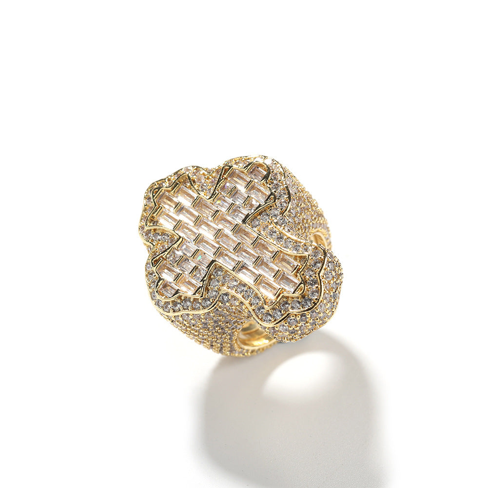 Iced Out Diamond Baguette Cross Pinky Ring Cubic Zirconia Punky Hip Hop Rapper Style Band Ring Jewelry Gift for Men Women