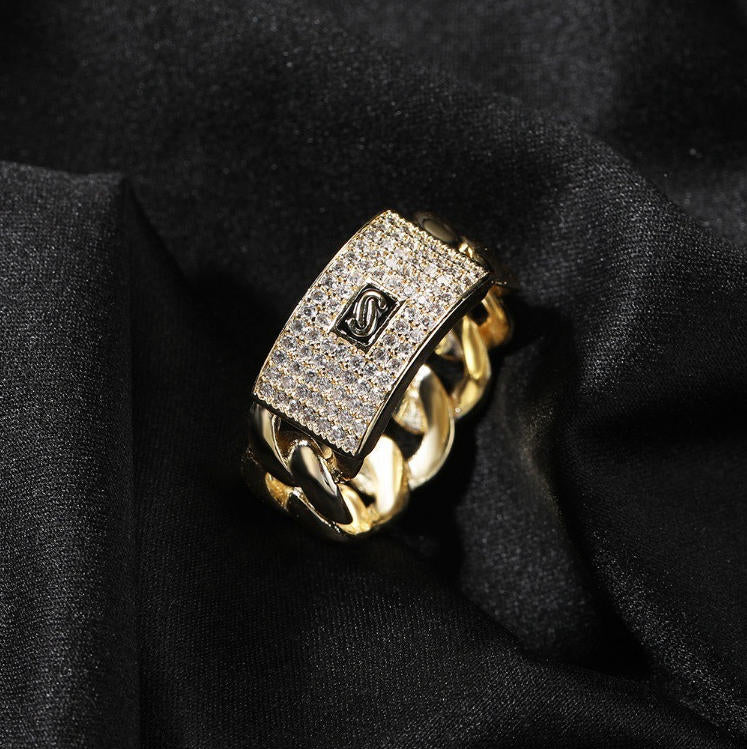 Hip Hop Rapper 5A+ Cz Stone Paved Ice Out Cuban Chain Finger Rings for Men Jewelry Gold Color