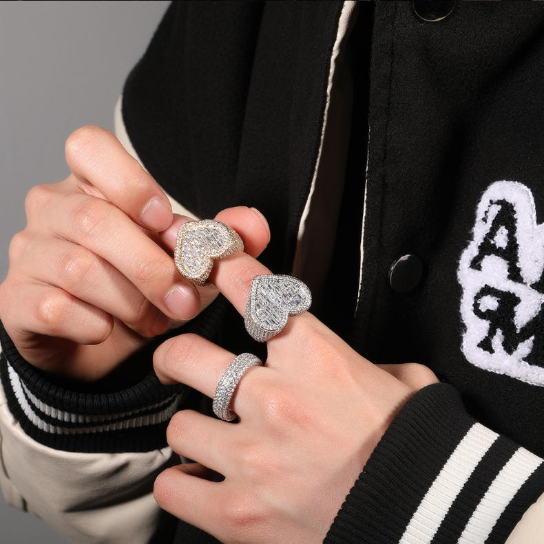 Iced Out Baguette Cz Diamond Heart Ring Jewelry, All Match Bling Bling Dainty Gold Pinky Ring Party Rose Gold Love Women Luxury Jewelry