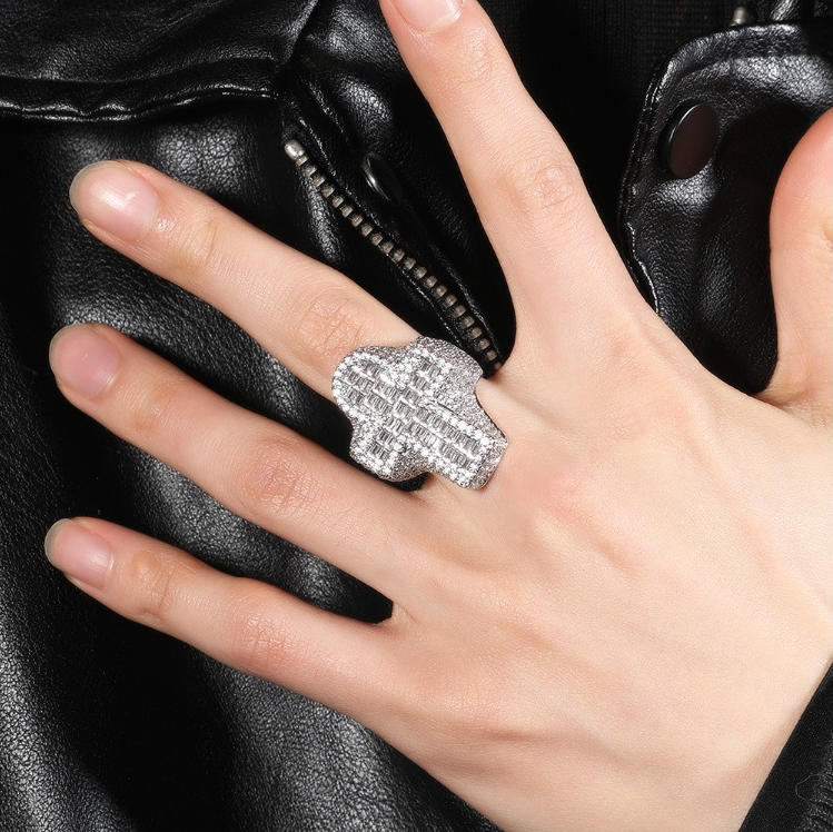 Men's Fully Iced Out 14K Gold Plated Hip Hop Rings, CZ Simulated Diamond Ring for Men, Punky Rapper Style Finger Charm, Baguette Cross Pinky Ring Underground College Event Fashion Jewelry Gift