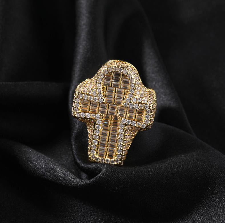 Men's Fully Iced Out 14K Gold Plated Hip Hop Rings, CZ Simulated Diamond Ring for Men, Punky Rapper Style Finger Charm, Baguette Cross Pinky Ring Underground College Event Fashion Jewelry Gift