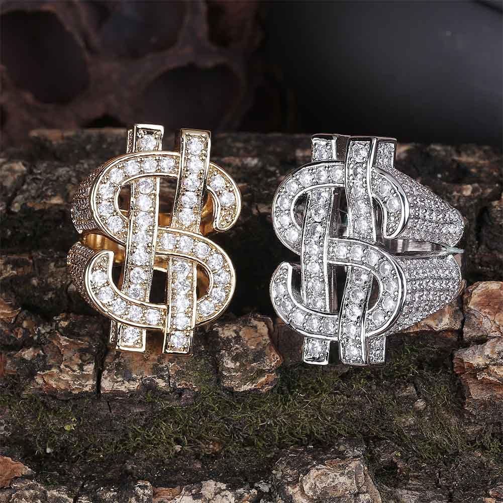 Hip Hop Dollar Sign Ring for Men, Iced Out Cubic Zirconia Ring, Punk Rock Style